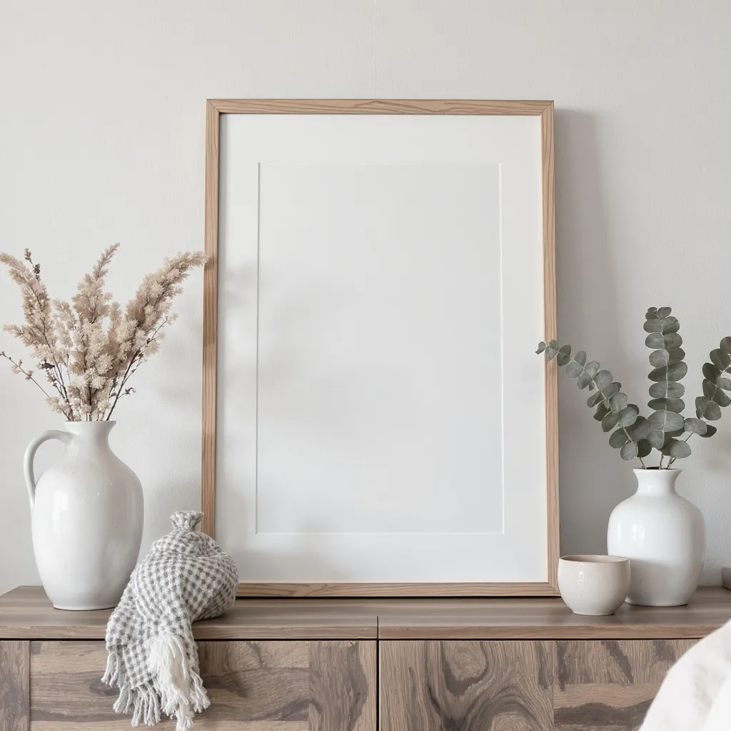 Cadre photo scandinave vide posé sur un buffet en bois clair avec vases et fleurs séchées, style nordique raffiné