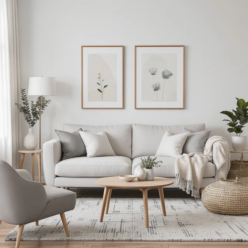 Salon scandinave clair avec canapé beige, tables en bois et cadres minimalistes, ambiance douce et épurée