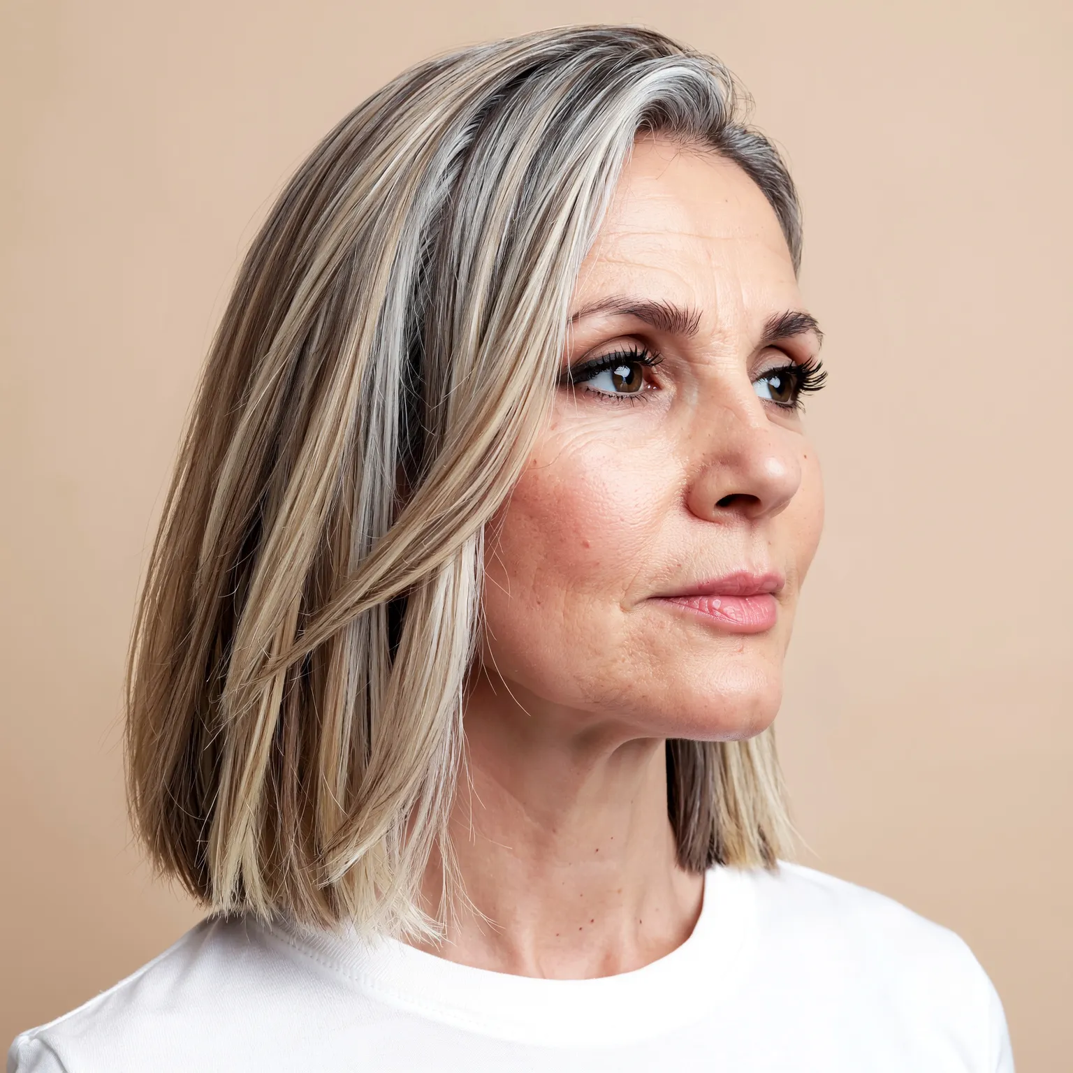 Femme 55 ans avec carré plongeant blond cendré, coupe droite angulaire chic et structurée pour affiner les traits.
