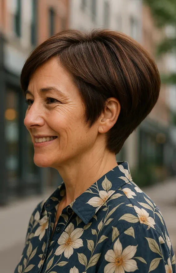 Carré arrondi nuque effilée femme 65 ans cheveux châtain foncé, coupe élégante et tonique au volume doux.