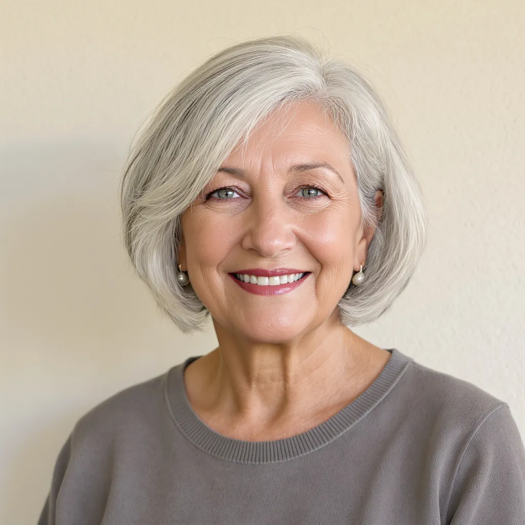 Carré asymétrique poivre et sel femme 67 ans, coupe originale et raffinée qui structure le visage.