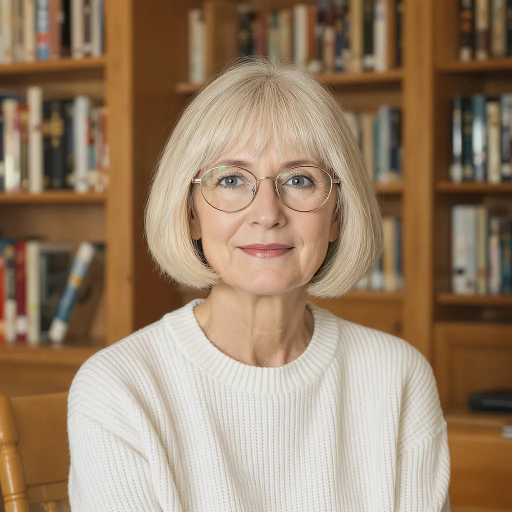 Carré blond polaire à frange femme 64 ans, coupe lumineuse et raffinée dans une ambiance cosy.