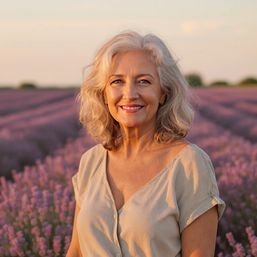 Carré bouclé gris femme 68 ans, coupe naturelle et vaporeuse dans un décor de lavande dorée.