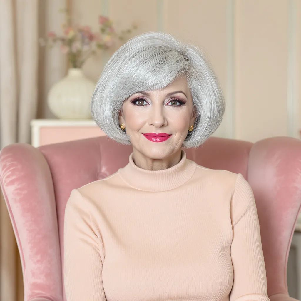 Carré bouffant vintage femme 67 ans, coiffure rétro chic argentée au charme intemporel.