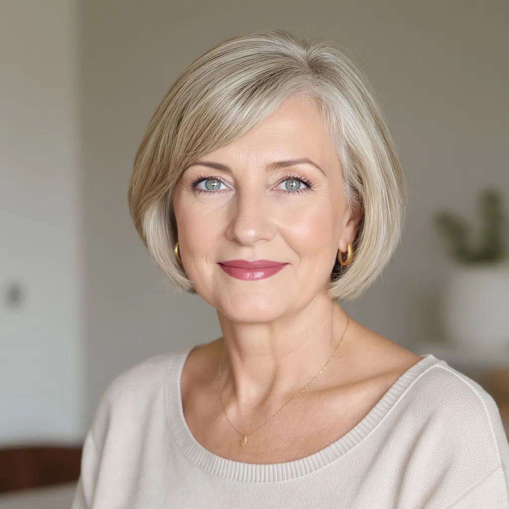 Carré court blond cendré femme 66 ans, coupe élégante et apaisée à la lumière douce.