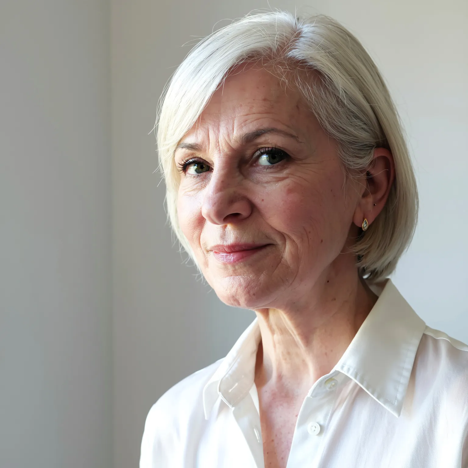 Carré court poivre et sel femme 70 ans, coupe soyeuse élégante et lumineuse.