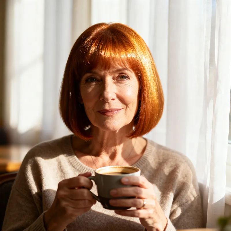 Carré cuivré femme 55 ans, coupe lumineuse et fluide dans la lumière du matin.