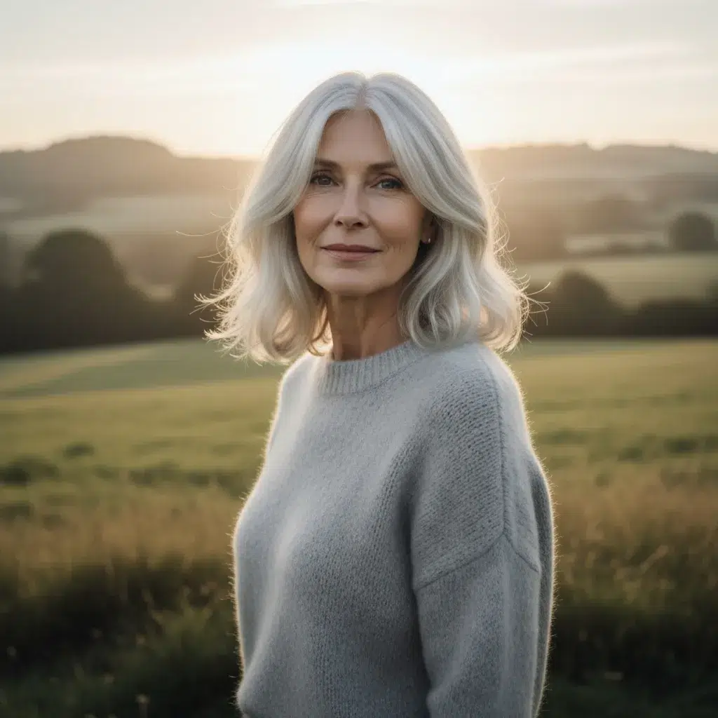 Carré dégradé argenté flou femme 61 ans, coupe naturelle et lumineuse idéale pour cheveux fins.