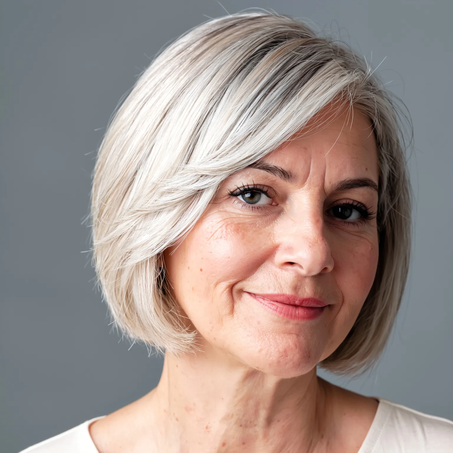 Carré dégradé blond platine femme 60 ans, coupe lumineuse et raffinée pour illuminer le teint.