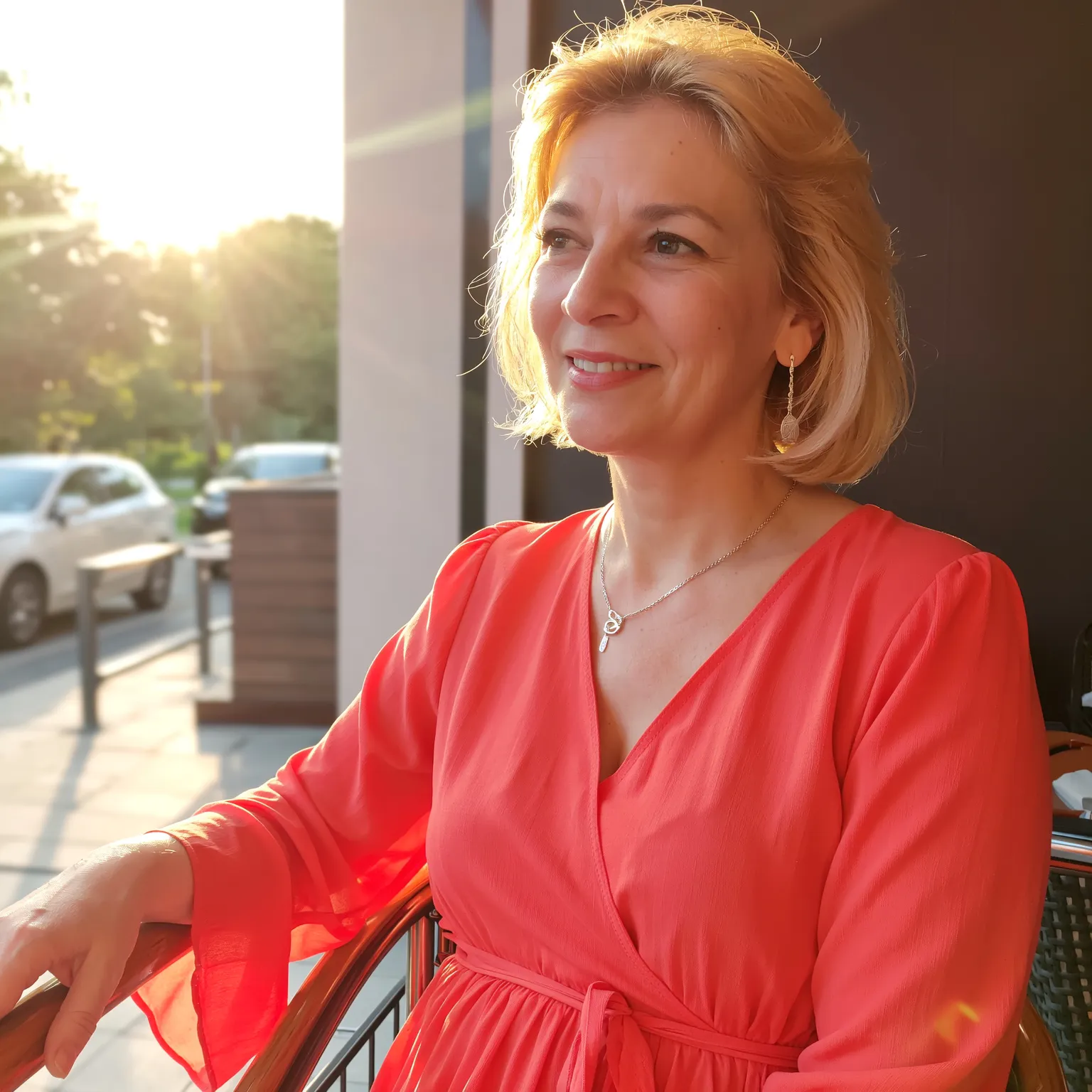 Carré flou blond pêche femme 58 ans, coupe douce et ensoleillée aux reflets dorés.