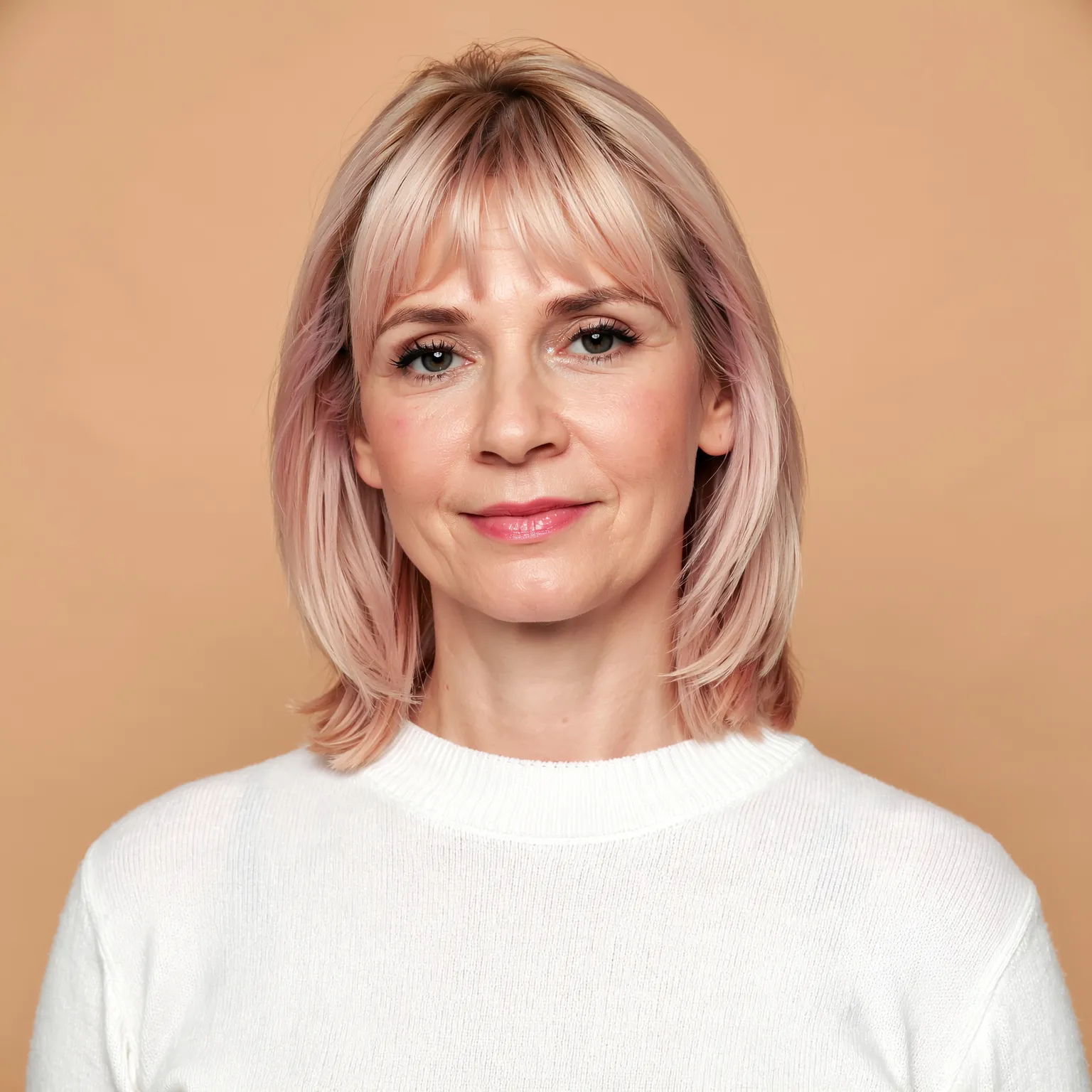 Carré flou blond rosé pour femme de 55 ans, coupe mi-longue douce et féminine à la teinte pastel.