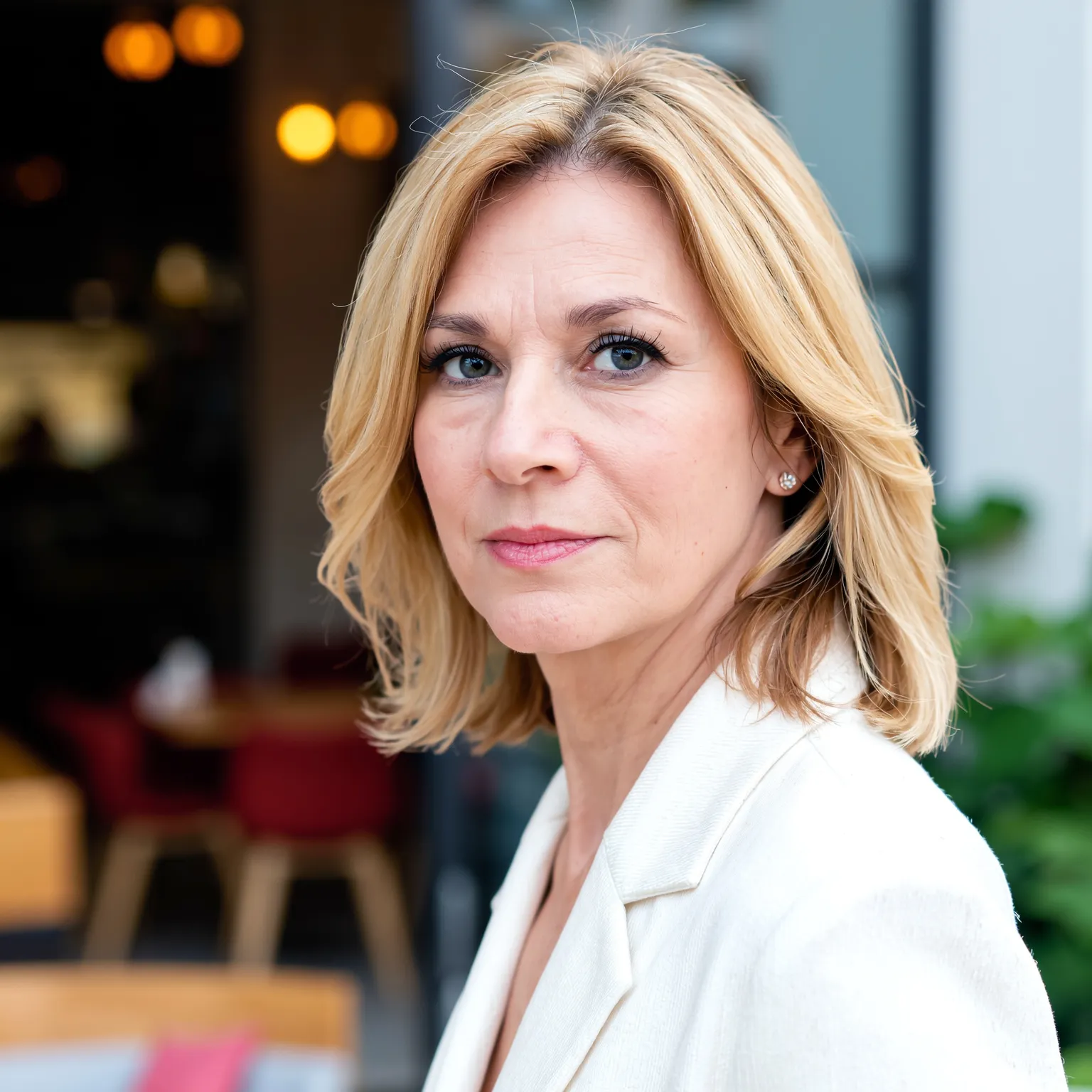 Carré flou blond champagne glacé femme 60 ans, coupe lumineuse et raffinée qui adoucit le teint.