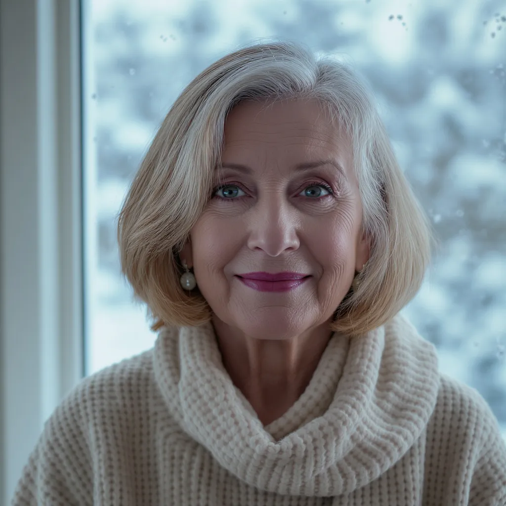 Carré flou châtain doré femme 67 ans, coupe douce et lumineuse dans la lumière d’hiver.