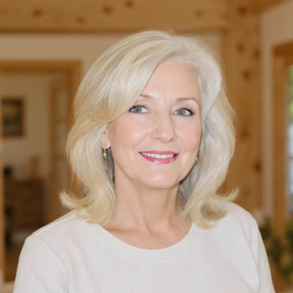 Carré flou blond miel femme 65 ans, coiffure lumineuse et réconfortante pour adoucir les traits.