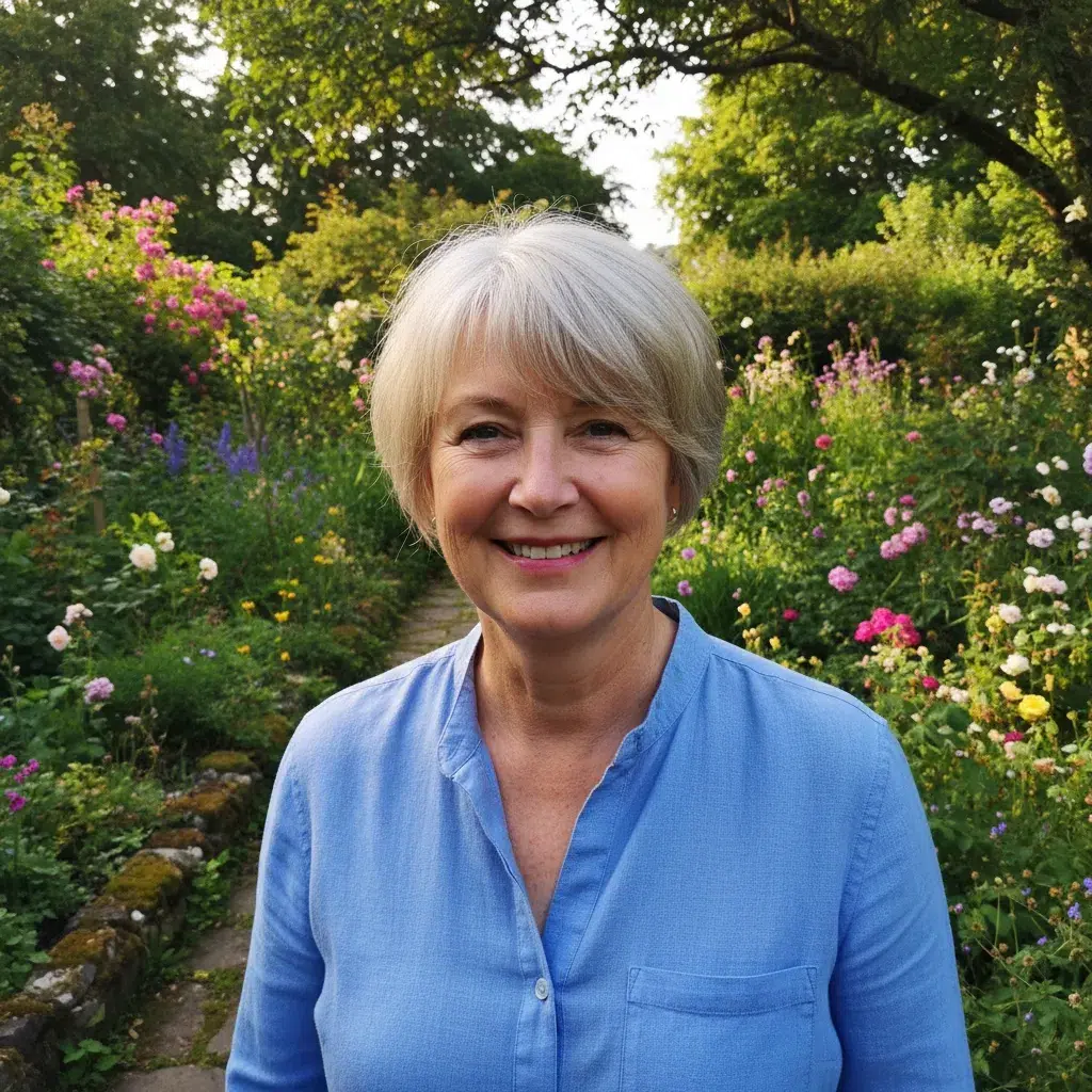 Carré court avec frange latérale pour femme de 60 ans, coupe cheveux gris-blond idéale pour visages ronds et doux.