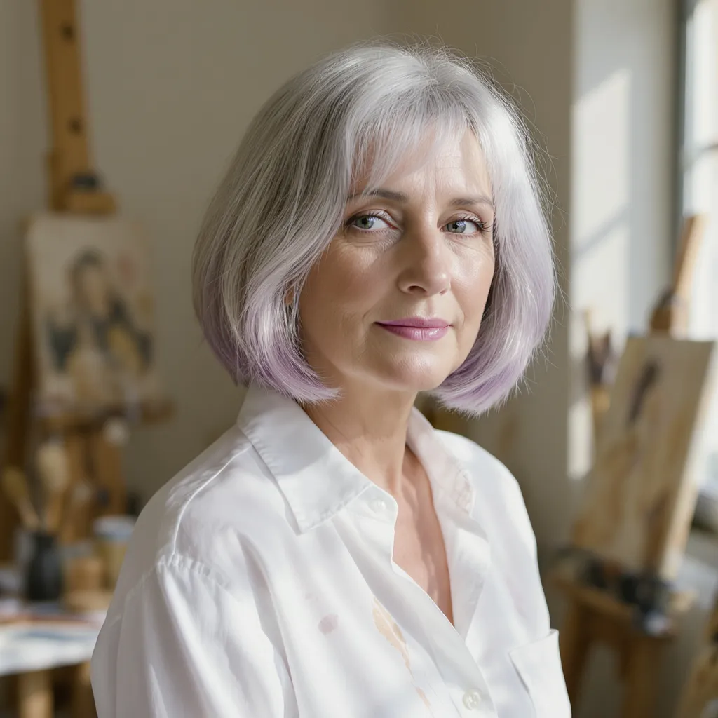 Carré lavande pastel femme 55 ans, coupe douce et artistique inspirée d’un atelier lumineux.