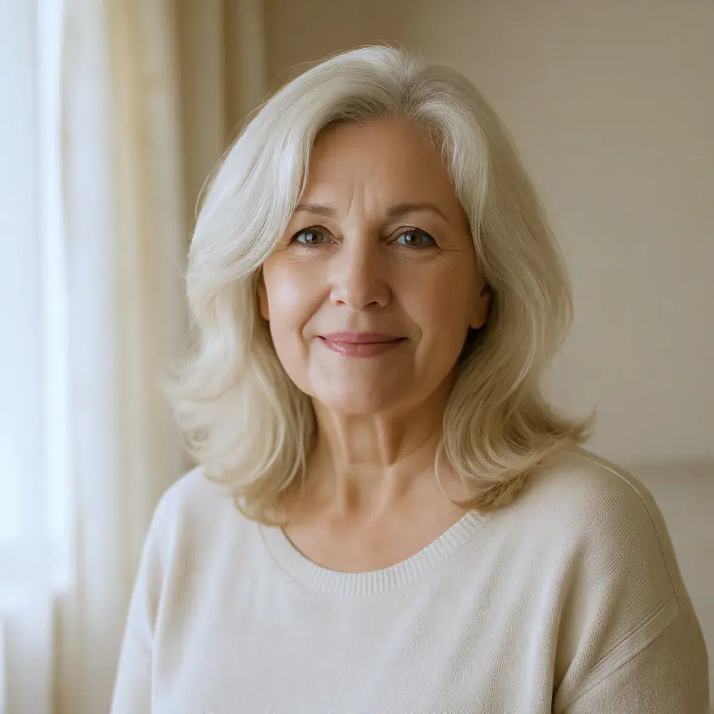 Carré long blond vanille femme 59 ans, coupe douce et lumineuse au style naturel.