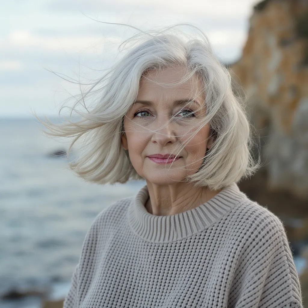 Carré long gris perlé femme 68 ans, coupe fluide et naturelle balayée par le vent.