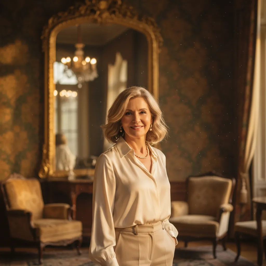 Carré mi-long effet brushing femme 66 ans, cheveux blonds beige souples et volumineux.