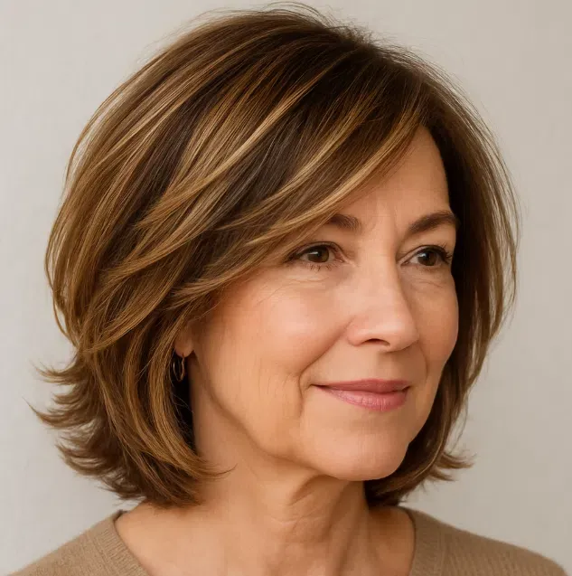 Femme de 60 ans avec carré superposé et mèches blondes lumineuses sur cheveux châtain clair, look chic et frais.