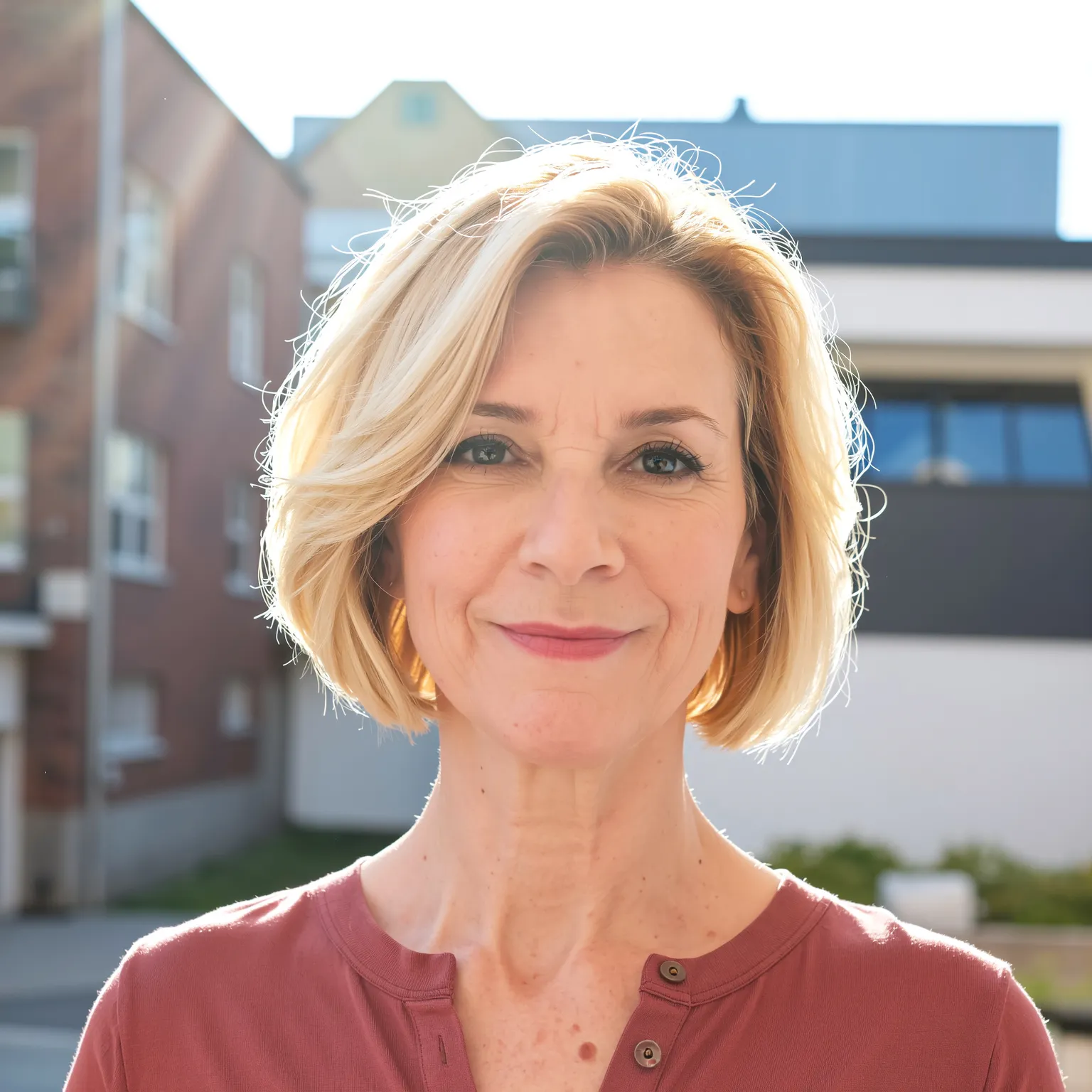 Carré court volumineux pour femme de 62 ans, coupe blonde dynamique qui structure et illumine le visage.