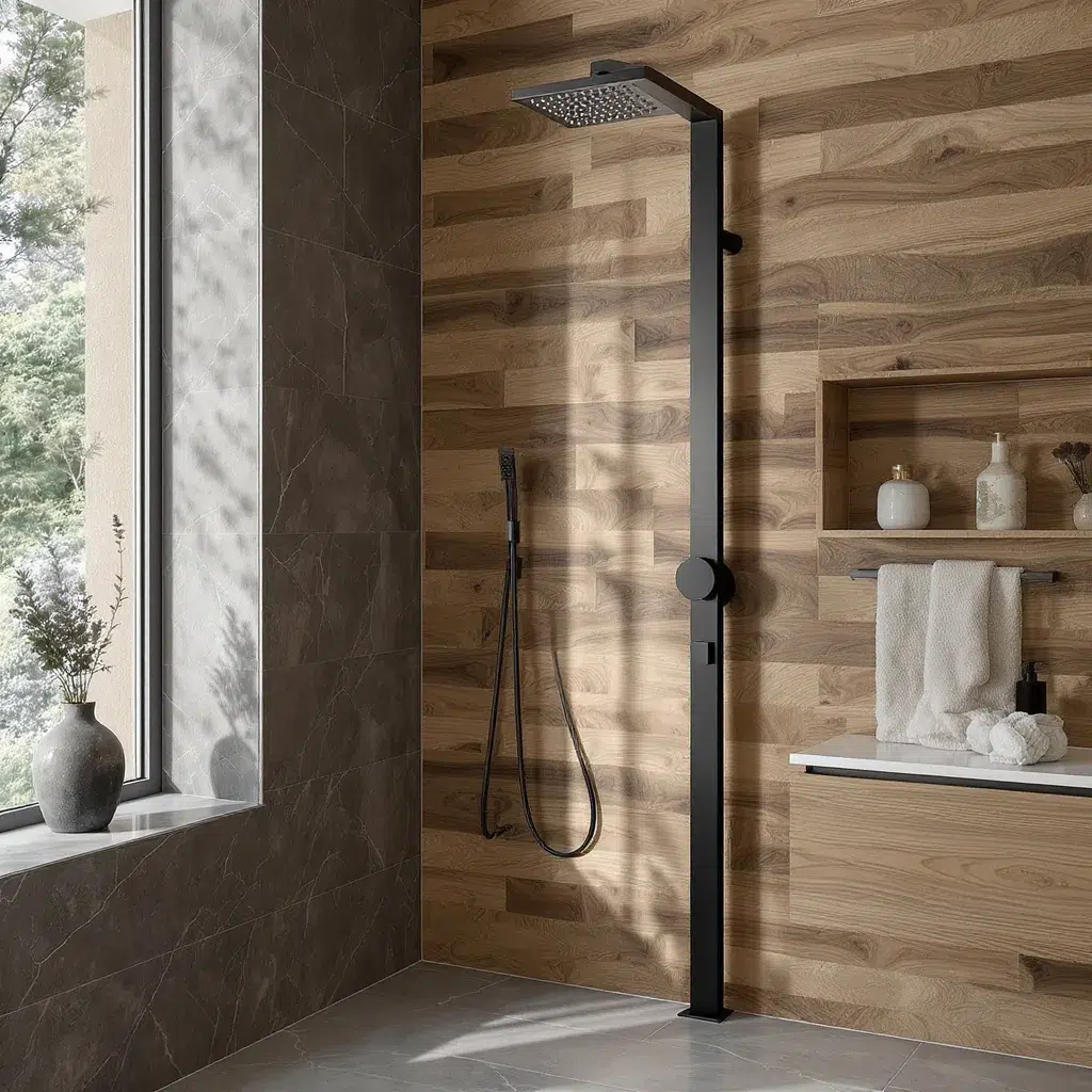 colonne de douche design noir mat dans salle de bain moderne bois et pierre