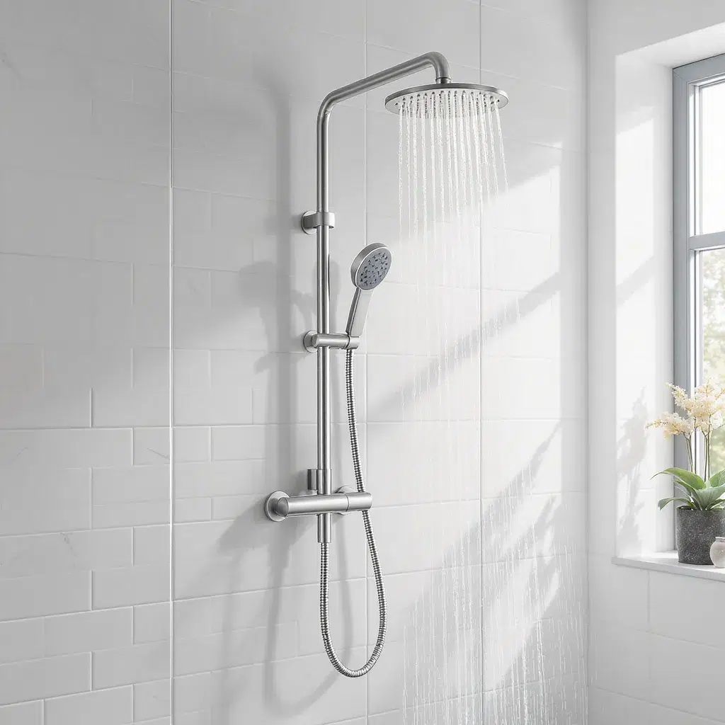 colonne de douche thermostatique moderne en acier inox brossé dans salle de bain claire