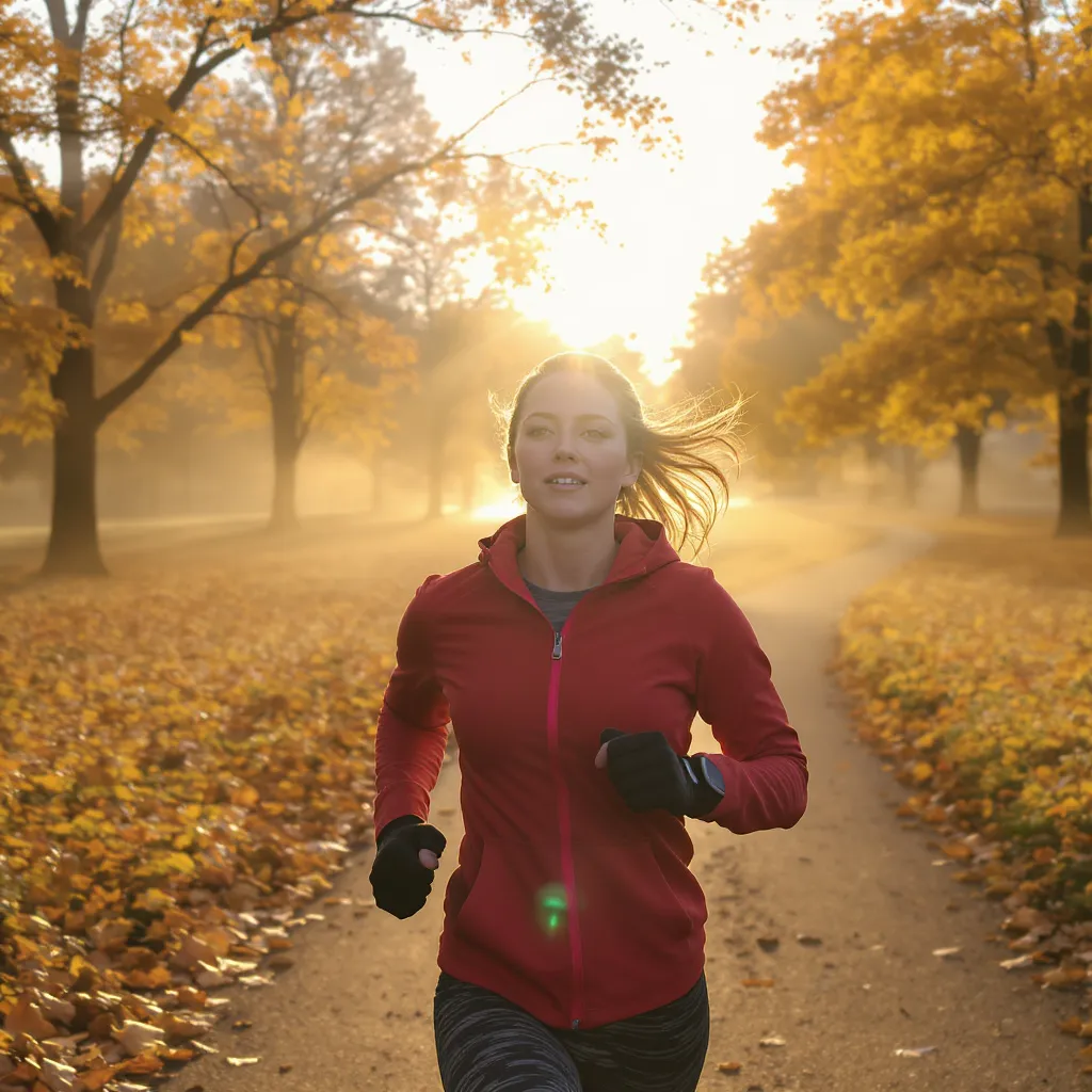 Femme courant dans un parc au lever du soleil, atmosphère calme et ressourçante, symbole d’énergie retrouvée