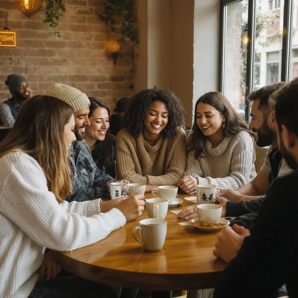 Groupe d’amis se soutenant dans un café, ambiance conviviale et bienveillante, entraide après une période difficile