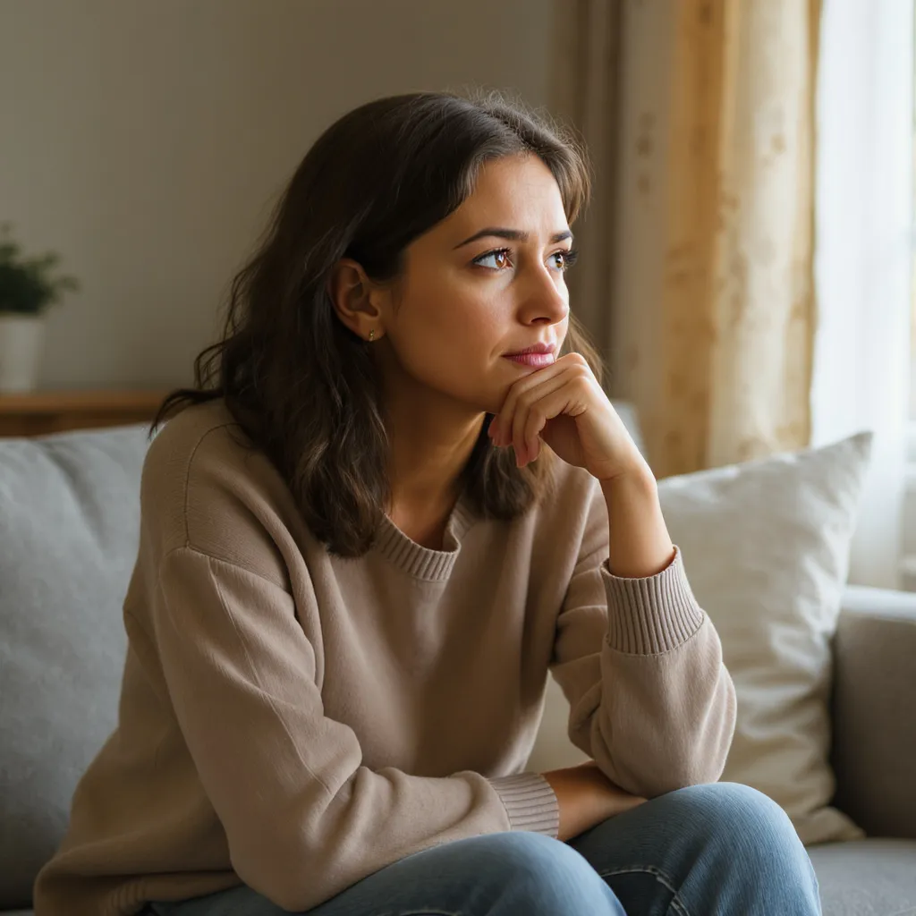 Femme assise calmement chez elle après une perte d’emploi, regard pensif mais apaisé, lumière douce et naturelle