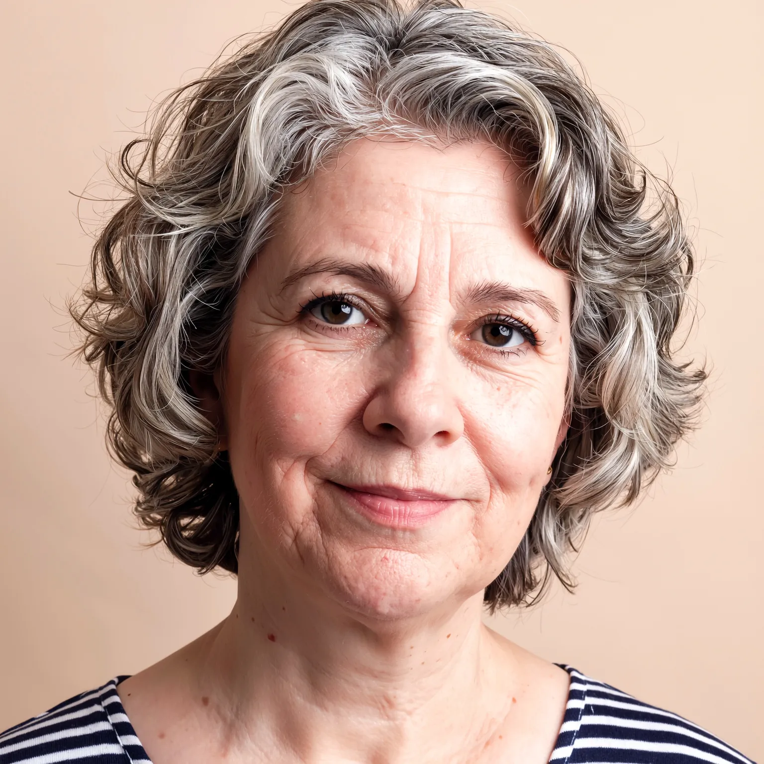Coiffure bouclée féminine femme 60 ans, cheveux gris mi-courts ondulés pour un style naturel et élégant.