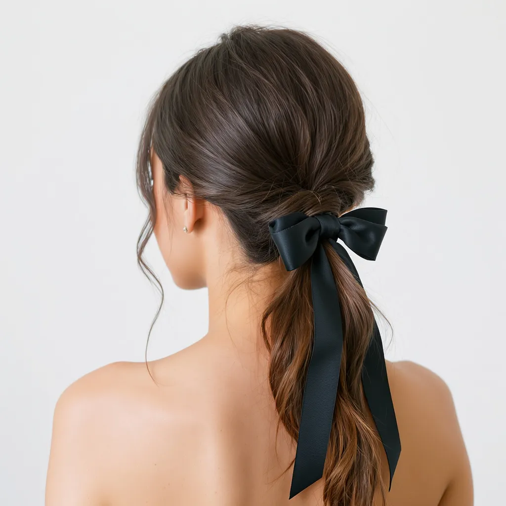 Queue de cheval basse attachée avec un ruban noir élégant pour le bureau ou les soirées
