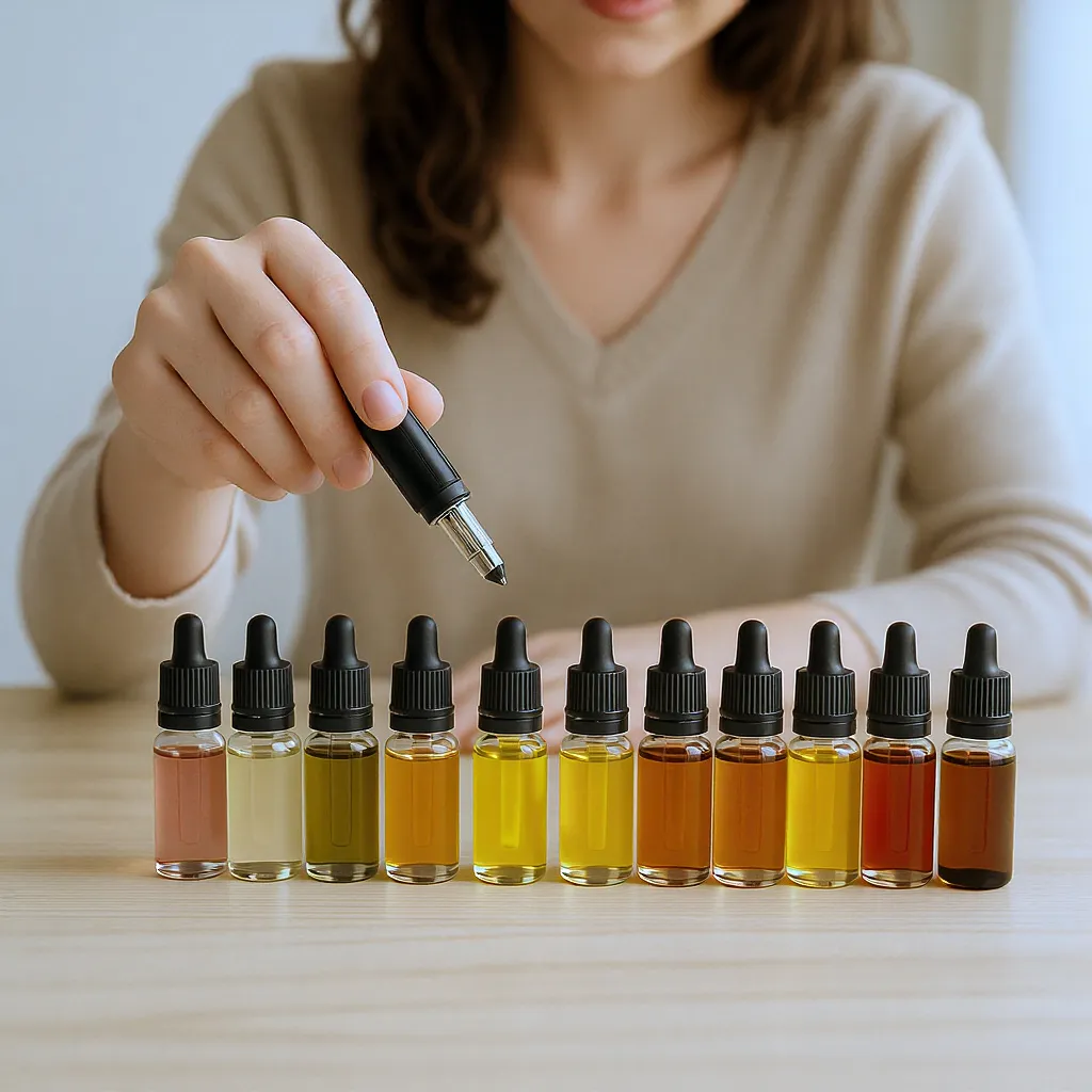 Femme choisit flacons de e-liquide de cigarette electronique colorés alignés sur une table en bois claire
