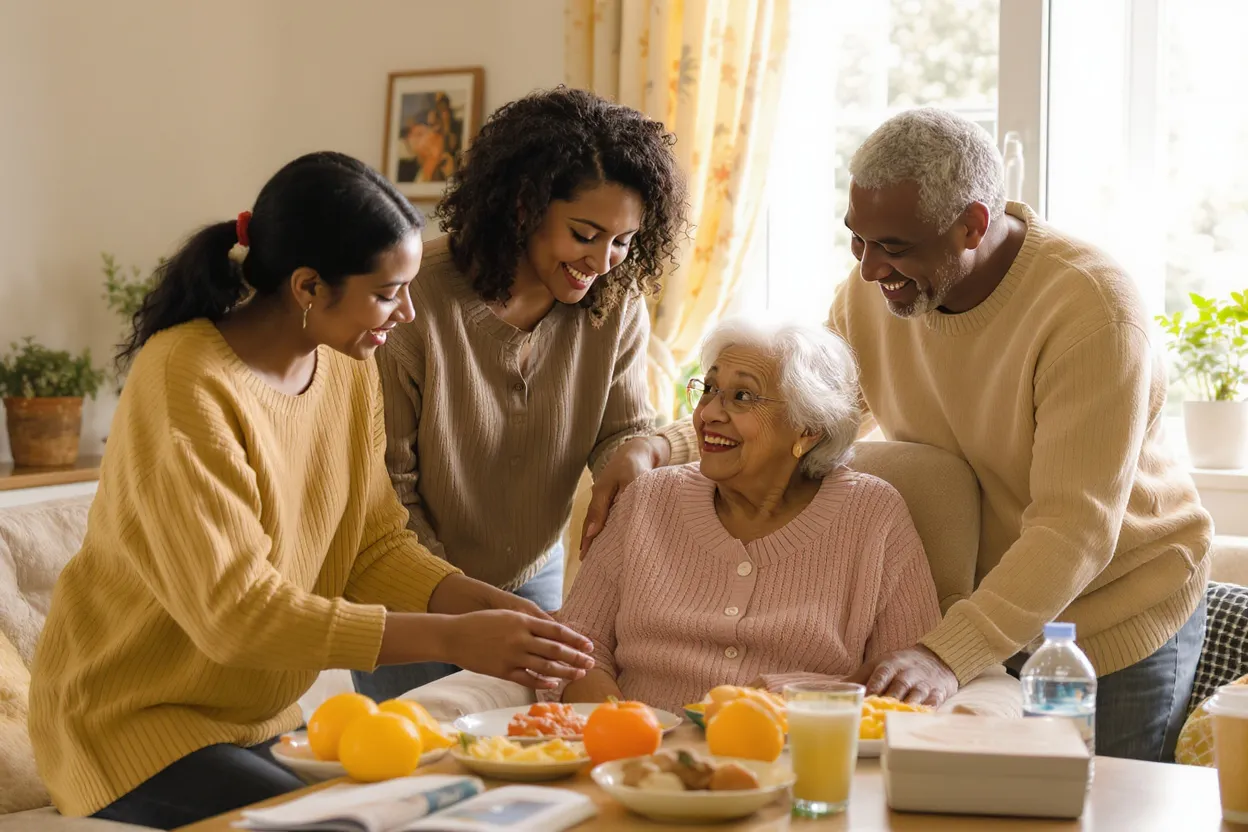 Famille accompagnant une personne atteinte de la maladie d'Alzheimer dans son quotidien