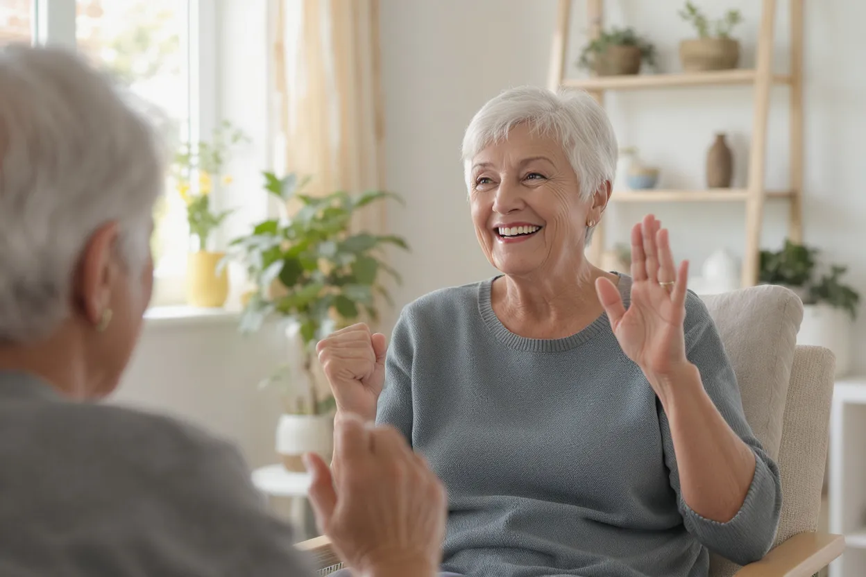 Personne âgée souriante participant à un atelier de mémoire et activité physique douce, lumière naturelle, décor convivial, ambiance positive et motivante.