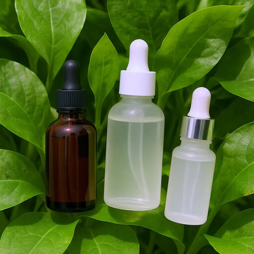 Bouteilles en verre ambré et transparent contenant des sérums naturels posées sur des feuilles vertes brillantes.