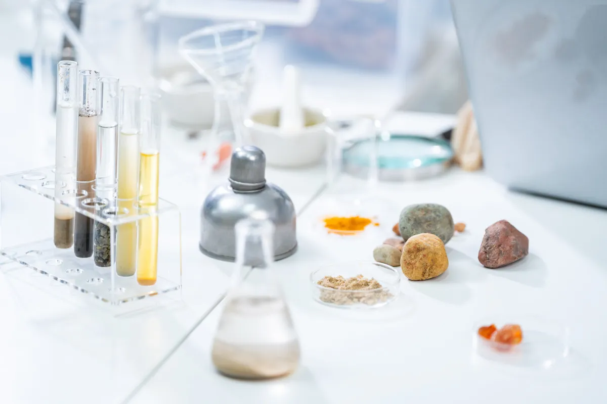 Matériel de laboratoire cosmétique avec pipettes, fioles et extraits naturels, illustrant la recherche sur les formules écologiques.