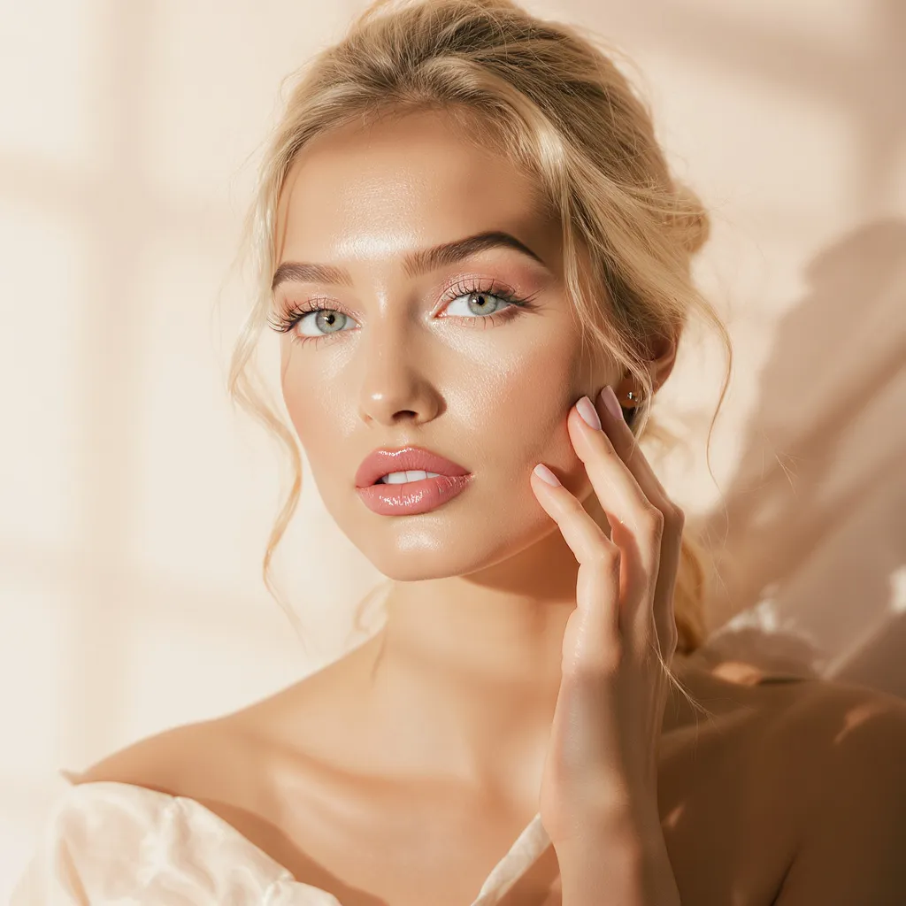 Portrait d’une femme lumineuse à la peau éclatante, mise en valeur par la lumière dorée d’un soin naturel.