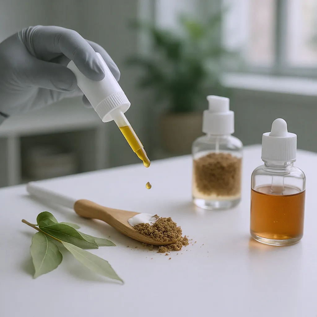 Flacons de sérums naturels et pipette déposant des gouttes d’actifs végétaux dans un laboratoire éco-responsable.