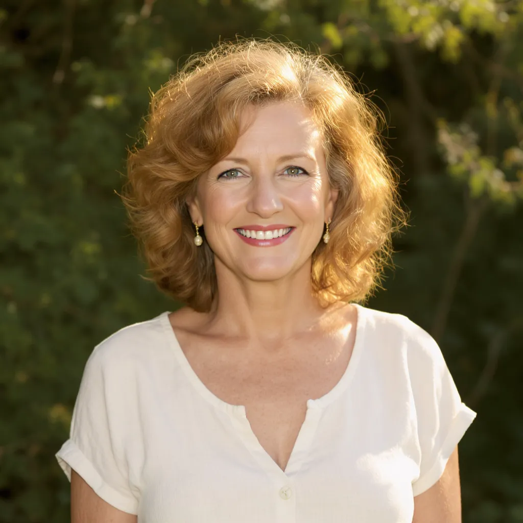 Coupe bouclée cuivre clair femme 57 ans, coiffure libre et lumineuse au style naturel.