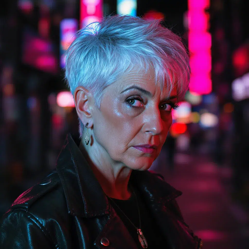 Coupe courte argent rock femme 60 ans, coiffure argentée audacieuse au style affirmé.
