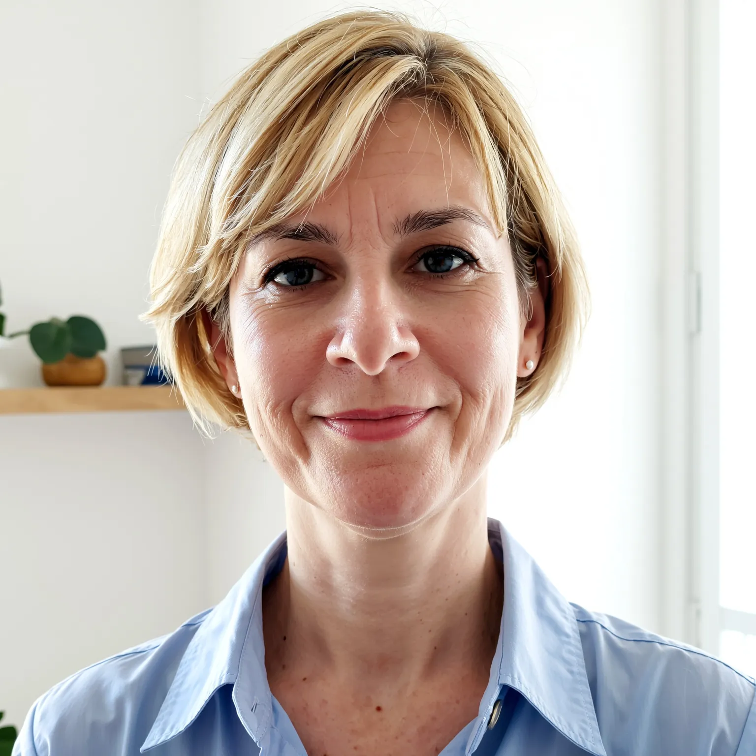 Coupe courte blond polaire femme 58 ans, coiffure glacée et élégante pour un look affirmé.