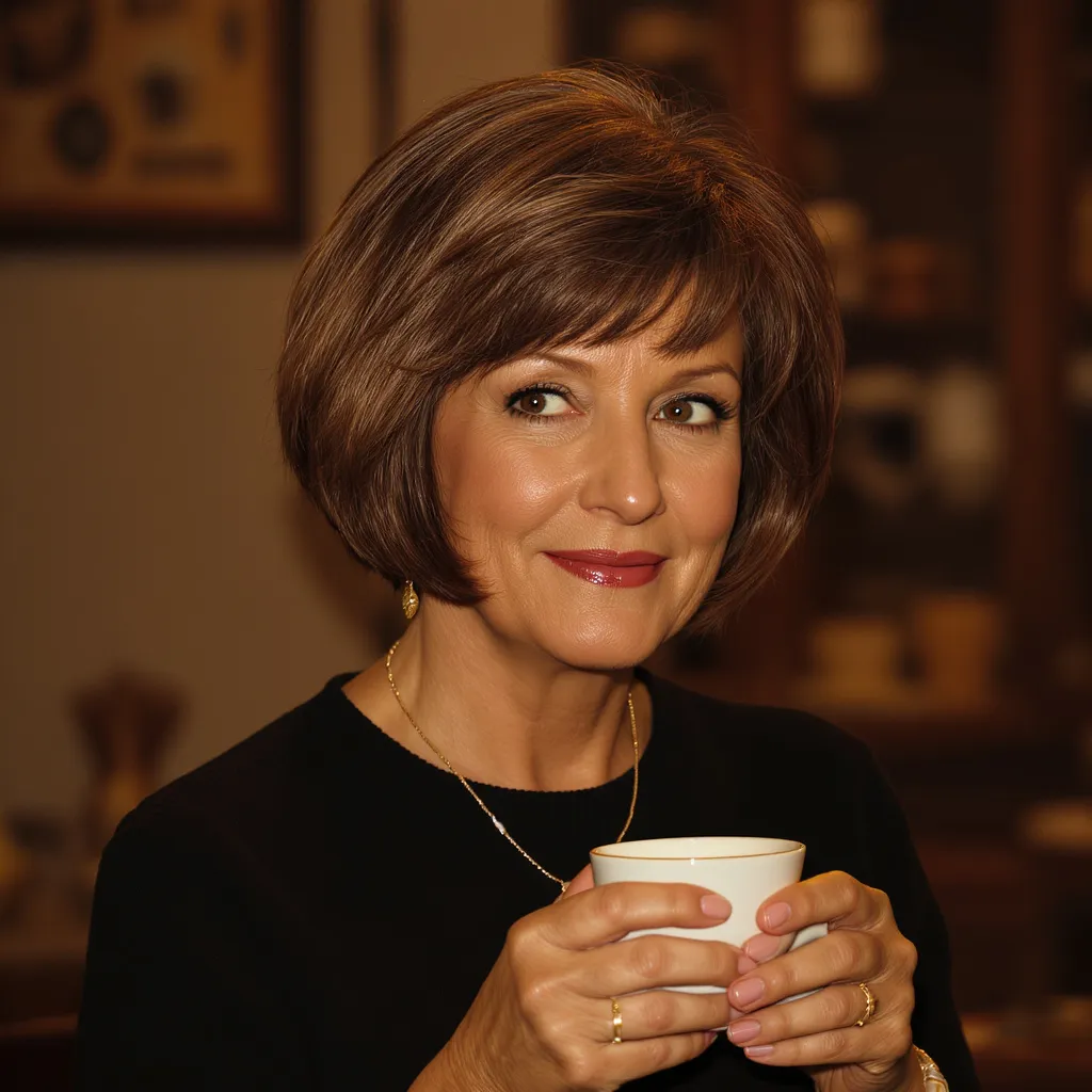 Coupe courte chocolat brillant femme 57 ans, look rétro chic dans une ambiance café vintage.