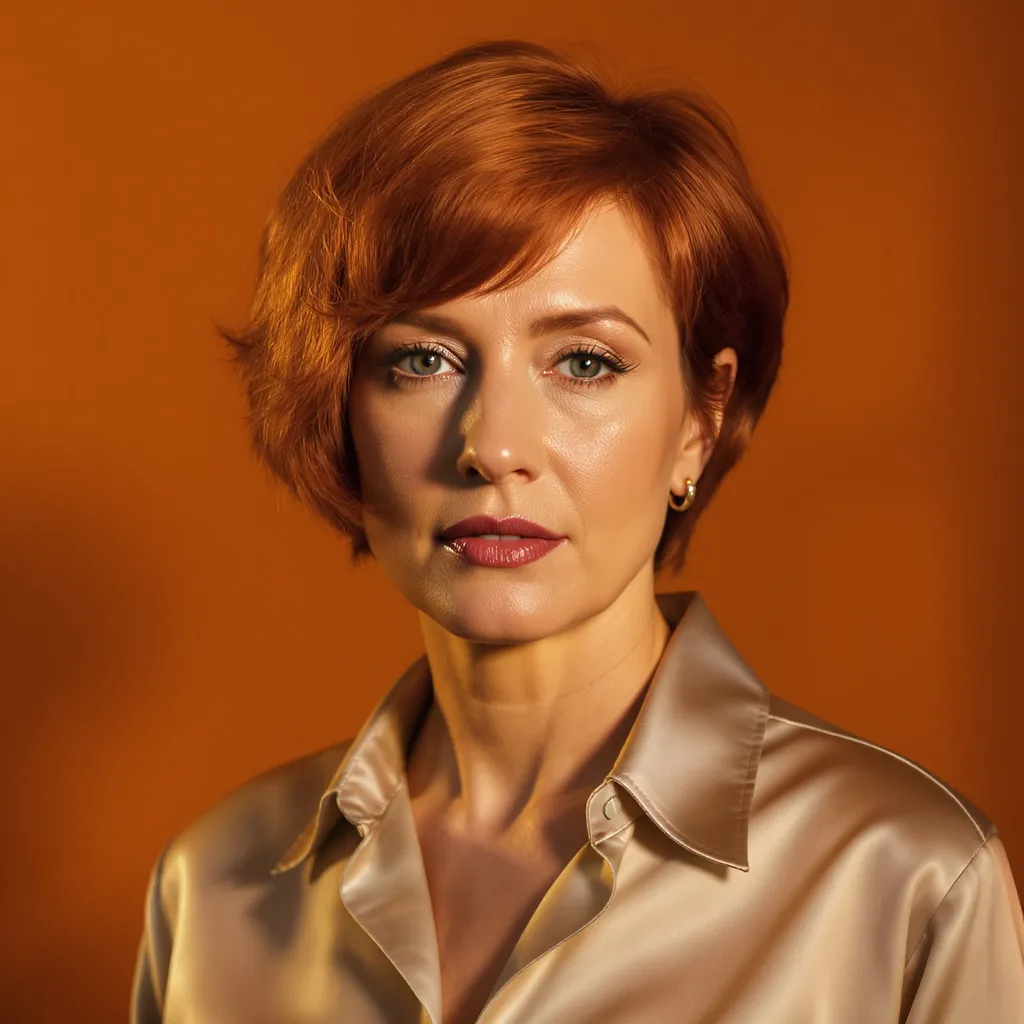 Coupe courte cuivre femme 60 ans, style studio élégant et lumineux aux reflets chauds.