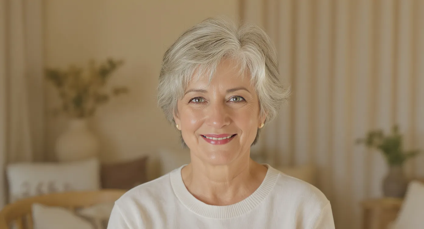 Femme de 60 ans avec coupe courte décontractée cheveux gris naturels effilés pour un look chic et facile à entretenir.