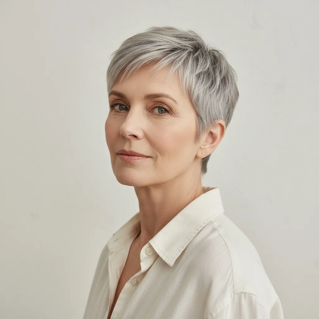 Coupe courte dégradée femme 60 ans cheveux gris-blancs, coiffure moderne et élégante pour affiner les traits.