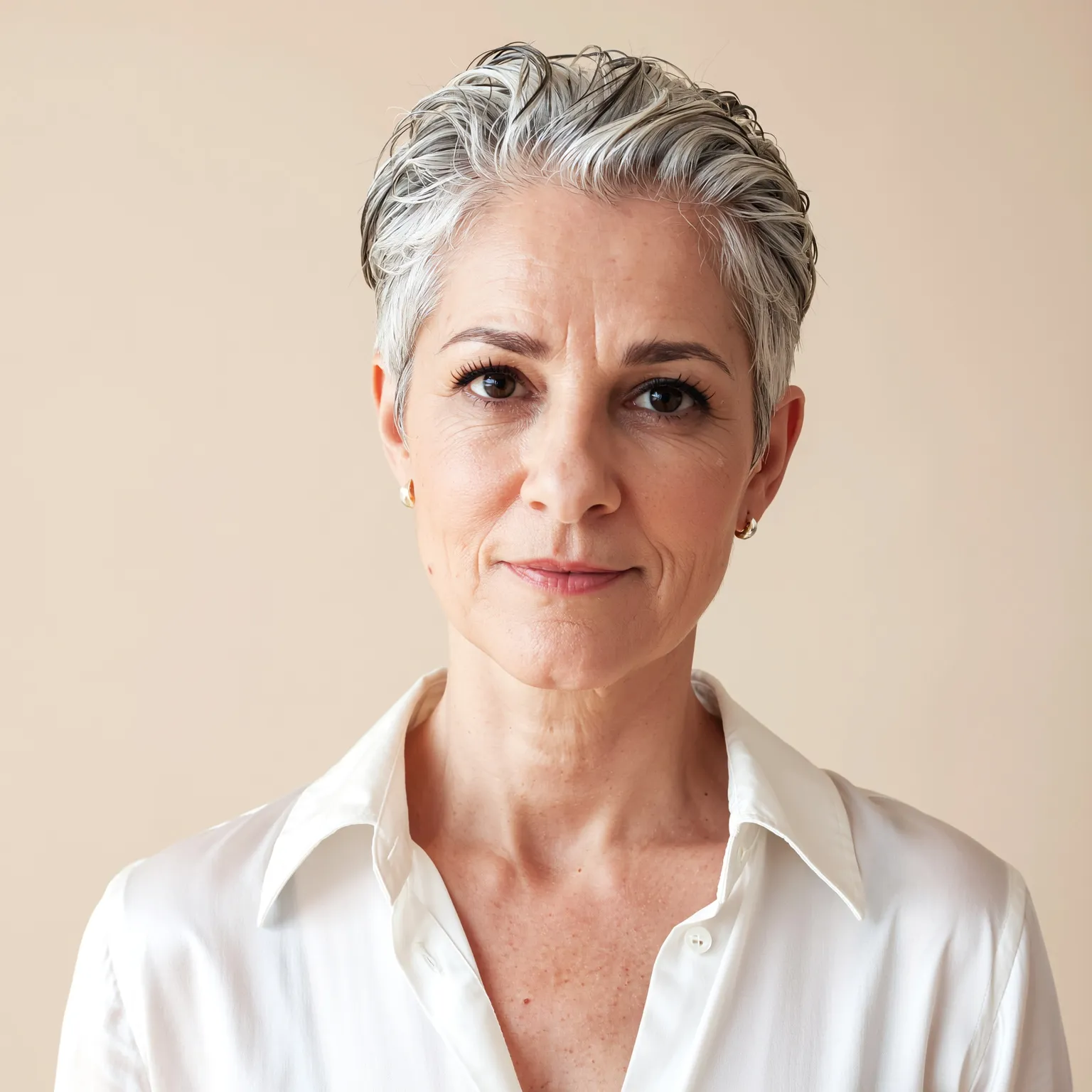 Coupe courte argentée effet mouillé femme 62 ans, style moderne et sophistiqué au rendu chic.