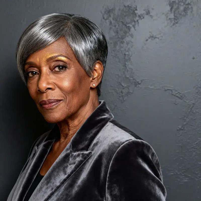 Coupe courte graphite femme 66 ans, coiffure élégante et contemporaine au ton profond.