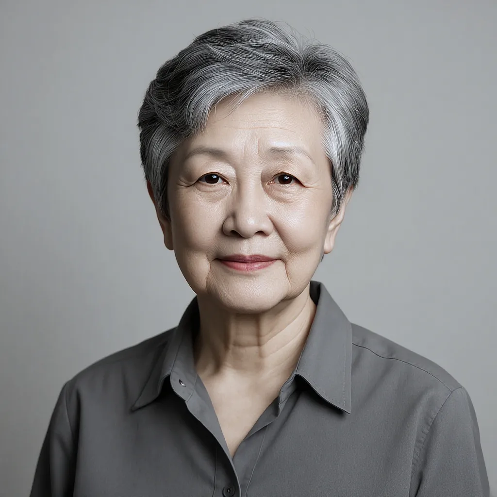 Coupe courte poivre et sel graphique femme 70 ans, coiffure minimaliste et sculpturale.