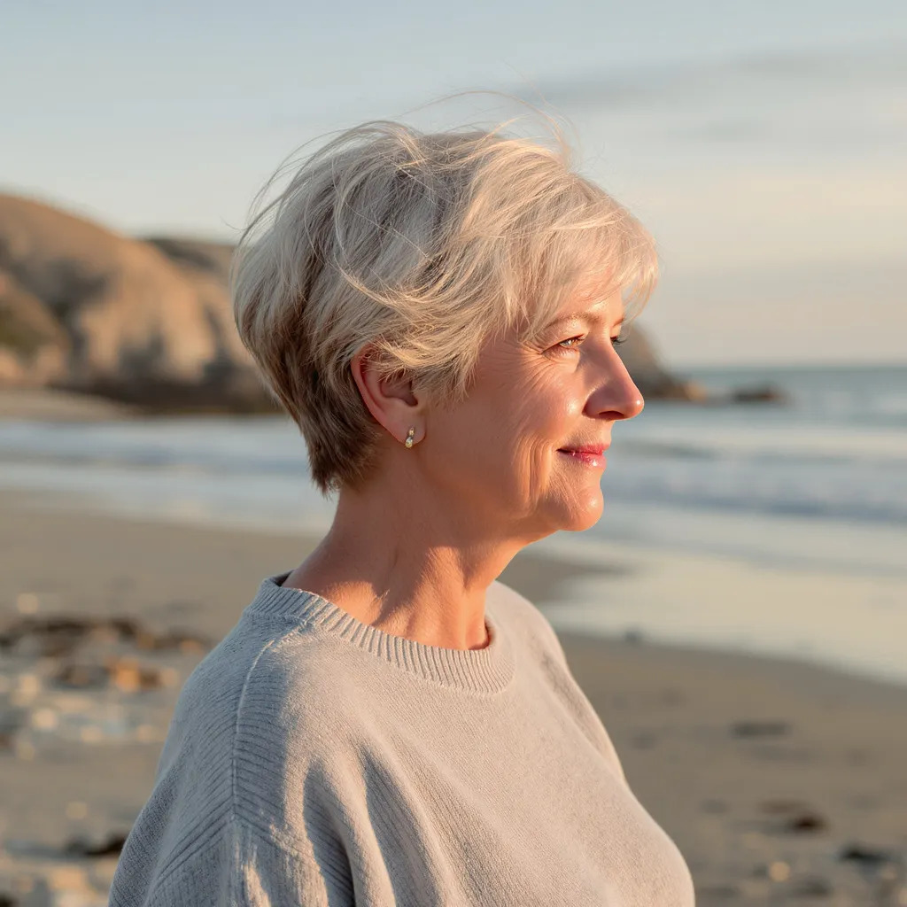 Coupe garçonne blond cendré femme 60 ans, coiffure courte chic et naturelle au bord de mer.